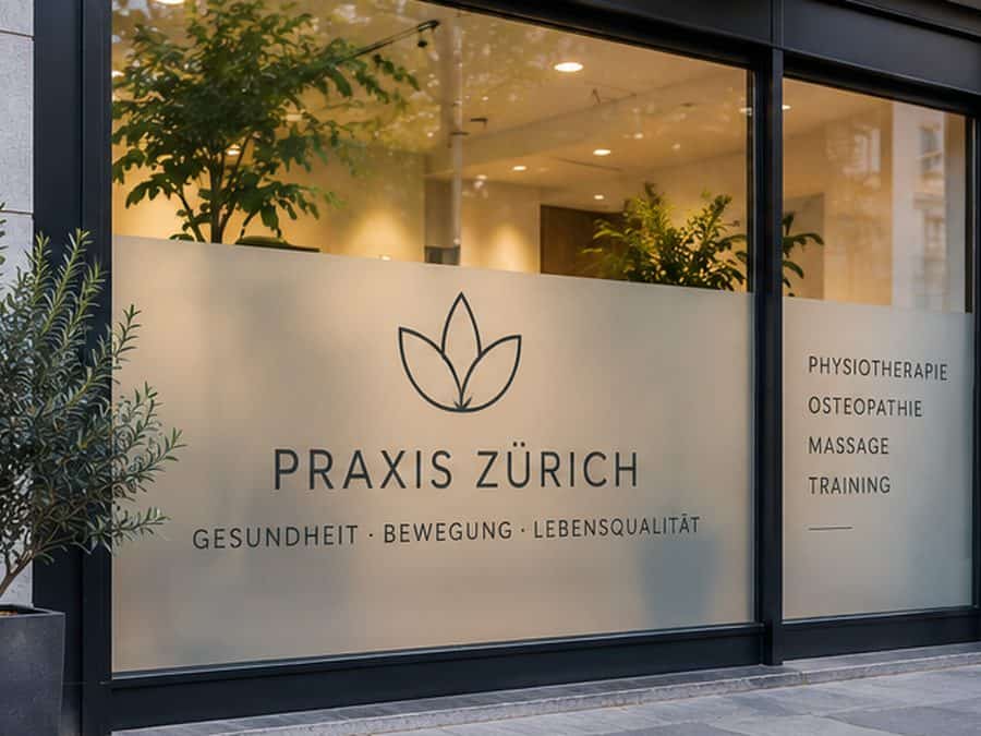 Sichtschutz- und Schaufensterbeschriftung für eine Praxis in Zürich – Beispiel