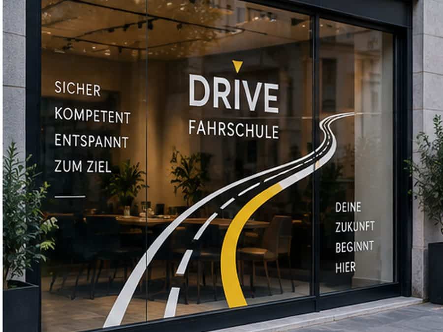 Schaufensterbeschriftung für eine Fahrschule in Zürich – Beispiel